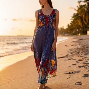 Lu Jing Tropical Floral Maxi Dress - Navy and Red